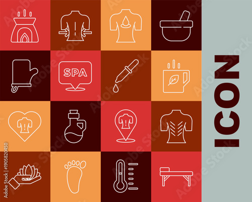 Set line Massage table, Cup of tea and leaf, with aroma oils, Spa salon, Sauna mittens, Aroma candle and Pipette icon. Vector