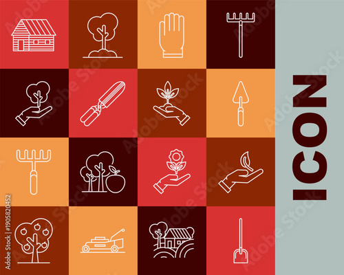 Set line Shovel, Sprout in hand of environmental protection, Garden trowel spade or shovel, gloves, Gardening handmade scissors for trimming, Tree, Farm house and Plant icon. Vector