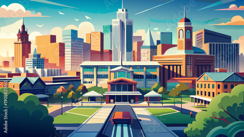 Very beautiful urban campus scene of Temple University Center City, blending modern academic architecture with downtown Philadelphia surroundings, reflecting contemporary education within a vibrant me