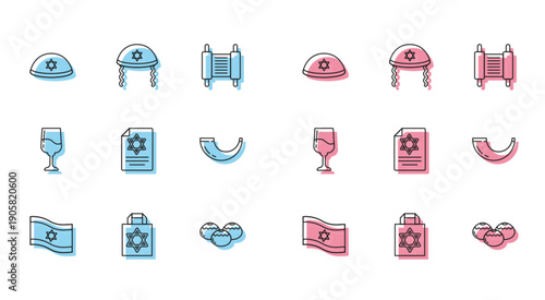 Set line Flag of Israel, Shopping bag with star david, Jewish kippah, sweet bakery, Torah scroll, Traditional ram horn, shofar, goblet and icon. Vector