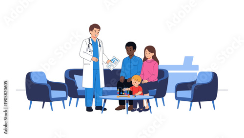 Health Consultation: A medical professional offers guidance to a family, emphasizing compassionate care and support in a healthcare setting.
