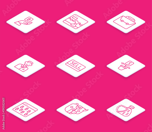 Set line Hand holding Bitcoin, Failure stocks market, Briefcase, Trader, Sell button, Dollar plant, browser and Bull bear of icon. Vector