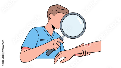 Medical Examination: A healthcare professional meticulously examines a patient's skin condition with a magnifying glass, focusing on diagnosis and care.
