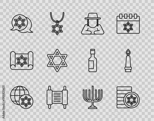 Set line World Globe and Israel, Jewish coin, Orthodox jewish hat, Torah scroll, Star of David, Hanukkah menorah and Burning candle icon. Vector