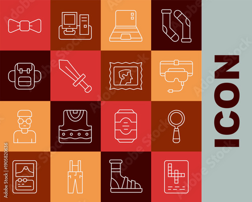 Set line Crossword, Magnifying glass, Virtual reality glasses, Laptop, Sword for game, School backpack, Bow tie and Postal stamp icon. Vector