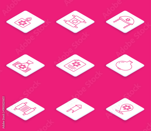 Set line Burning candle, Torah scroll, Jewish kippah, money bag, Pomegranate, and Firework rocket icon. Vector