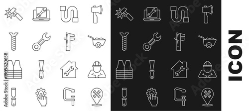 Set line Location with wrench, Builder, Wheelbarrow, Industry pipe, Wrench spanner, Metallic screw, Hammer and Calliper or caliper and scale icon. Vector