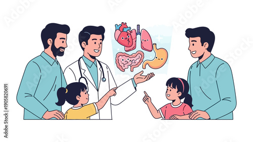 Doctor's Lesson on Anatomy: An informative illustration showcases a doctor guiding two children through a lesson on human anatomy, revealing the inner workings of the body's vital organs.