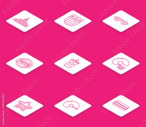 Set line City landscape, Shield with stars, Glasses, Vote, Paper glass straw, American football helmet, USA Independence day and Baseball icon. Vector