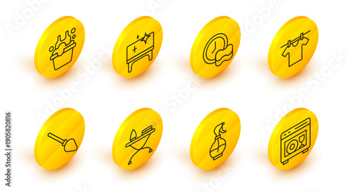 Set line Dishwasher machine, Water spray bottle, Iron and ironing board, Handle broom, Drying clothes, Washing dishes, Clean table and Basin with soap suds icon. Vector