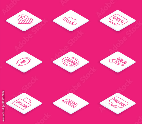 Set line USA Independence day, Western cowboy hat, American Football ball, Vote, box and Taxi car roof icon. Vector