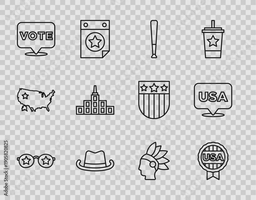 Set line Glasses with stars, Medal, Baseball bat, Western cowboy hat, Vote, City landscape, Native American Indian and USA Independence day icon. Vector