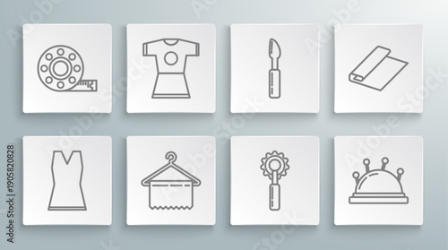 Set line Woman dress, Hanger wardrobe, Cutter tool, Needle bed and needles, Textile fabric roll and Tape measure icon. Vector