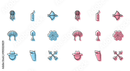 Set line Western cowboy hat, Revolver gun in holster, Dream catcher with feathers, Crossed arrows, Shovel, cylinder, Indian headdress and Dynamite bomb icon. Vector