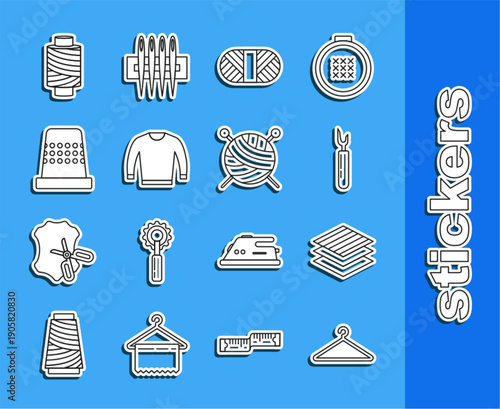 Set line Hanger wardrobe, Textile fabric roll, Cutter tool, Sewing thread on spool, Sweater, Thimble for sewing, and Yarn ball with knitting needles icon. Vector