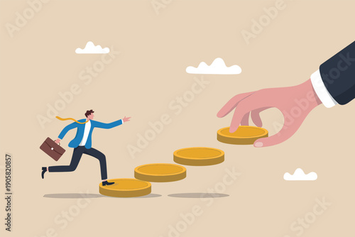 A businessman reaching out for financial success and opportunity with golden coins.