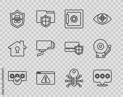 Set line Password protection, Safe, Browser with exclamation mark, Incognito mode, Security camera, Smart key and Ringing alarm bell icon. Vector