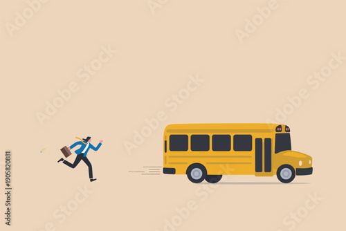 A child races to catch a yellow school bus on a sunny day.