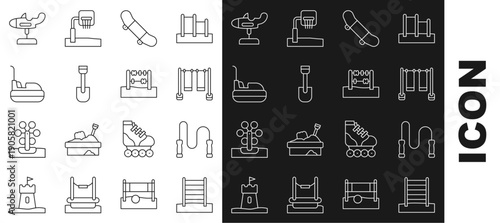 Set line Swedish wall, Jump rope, Double swing, Skateboard trick, Shovel toy, Bumper car, Swing plane and Abacus icon. Vector