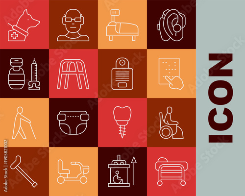 Set line Stretcher, Woman in wheelchair, Braille, Hospital bed, Walker, Syringe, Guide dog and Intercom icon. Vector