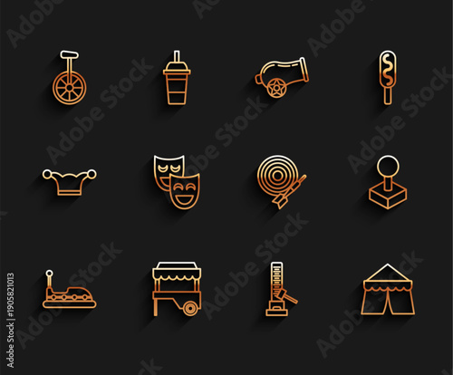 Set line Bumper car, Unicycle or one wheel bicycle, High striker attraction big hammer, Circus tent, Comedy theatrical masks, Joystick for arcade machine and Classic dart board and arrow icon. Vector