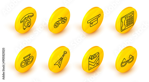 Set line Glasses, Cigarettes pack box, Electric bass guitar, Home stereo with two speakers, Telephone handset, Waist bag of banana, Gamepad and icon. Vector