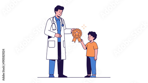 Recognition of Bravery: A friendly physician presents a gold medal to a young boy. An inspiring scene of bravery, courage and achievement.