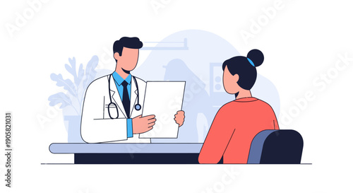 Professional male doctor consults with female patient, discussing medical test results or treatment options in a modern clinic office environment