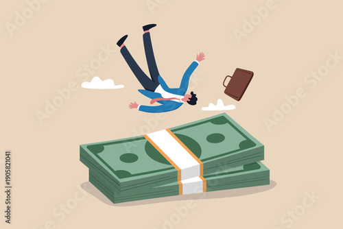 A person falling into a pile of money while carrying a briefcase.