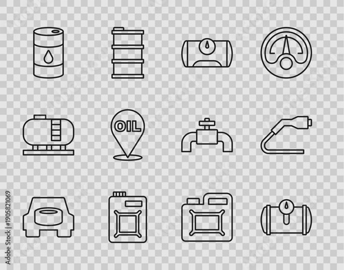 Set line Spare wheel in the car, Gas tank for vehicle, Canister motor oil, Barrel, Refill petrol fuel location, and Electrical cable plug charging icon. Vector