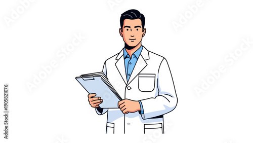 Expert Diagnosis: A confident medical expert in a pristine white coat, holding a clipboard, ready to make a diagnosis and offer care, embodying professionalism and assurance.