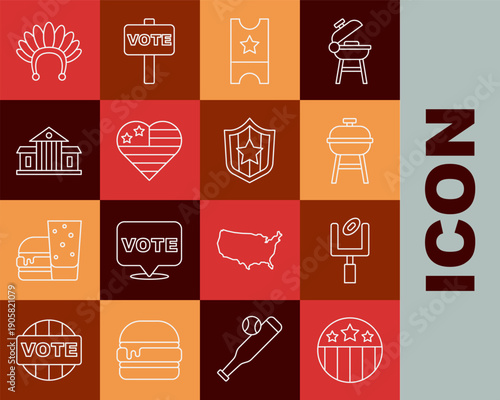 Set line Medal with star, American football goal post, Barbecue grill, Baseball ticket, USA Independence day, White House, Indian headdress feathers and Shield stars icon. Vector