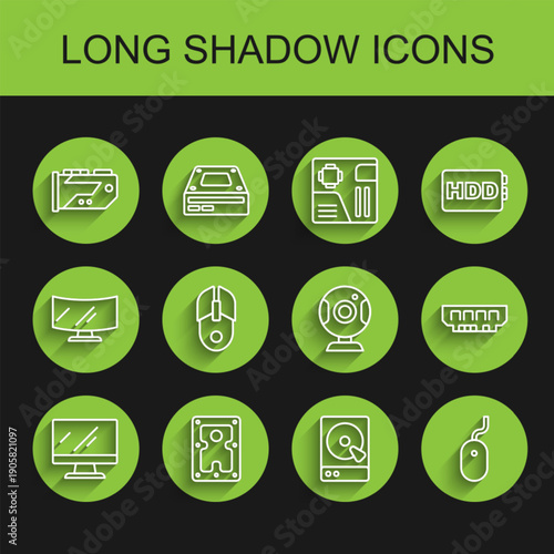 Set line Computer monitor screen, Hard disk drive HDD, Video graphic card, mouse, RAM, random access memory and Web camera icon. Vector