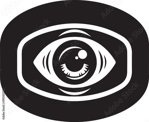 Black oval with white stylized eye and teeth