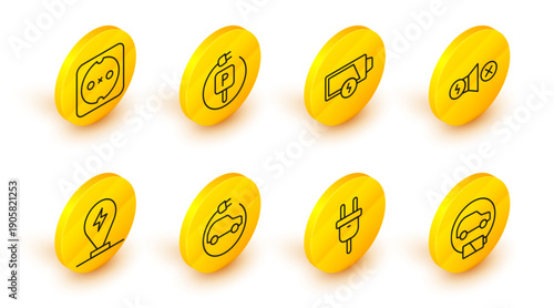 Set line Electric car, plug, Charging parking electric, motor, Low battery, and Electrical outlet icon. Vector