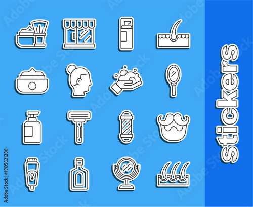 Set line Human hair follicle, Mustache and beard, Hand mirror, Shaving gel foam, Hairstyle for men, Gel wax styling, brush with and on hand icon. Vector