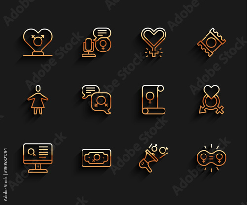Set line Dating app, Money growth woman, Gender, Feminist activist, equality, and Feminism icon. Vector