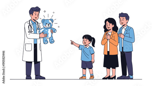 Doctor's Gift of Hope: In a heartwarming scene, a caring doctor presents a radiant teddy bear to a hopeful child. Parents watch in admiration and relief as a symbol of comfort and health.