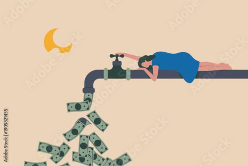 A person drinking from a faucet while money cascades beneath them under a crescent moon.