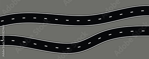 Wavy winding curves roads and horizontal path. Horizontal asphalt road template. Flat vector illustration isolated on transparent background.