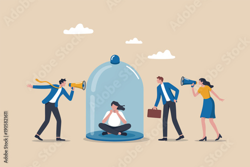 Professionals struggling to communicate with a distracted colleague inside a glass box