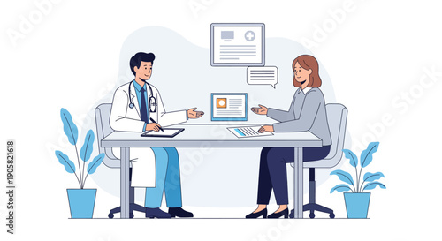 Healthcare professional conducting a comprehensive medical consultation with a patient, discussing wellness plans and treatment strategies in a modern office