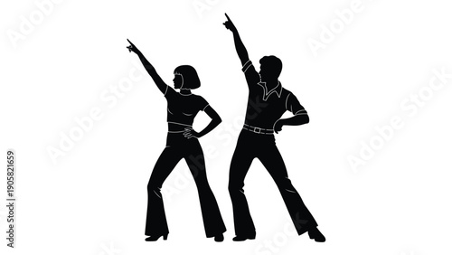 Two silhouetted figures dancing with arms raised in a dynamic pose Vector