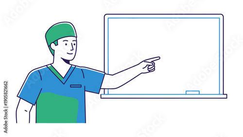 Doctor's Presentation: A dedicated doctor, poised and professional, gestures towards a blank whiteboard, ready to explain and elucidate.