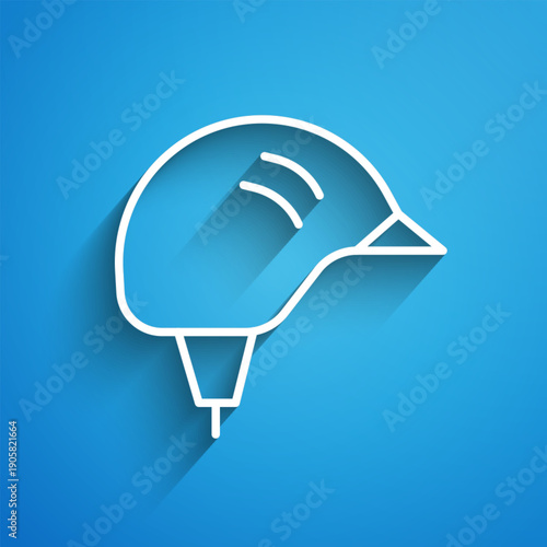 White line Bicycle helmet icon isolated on blue background. Extreme sport. Sport equipment. Long shadow. Vector
