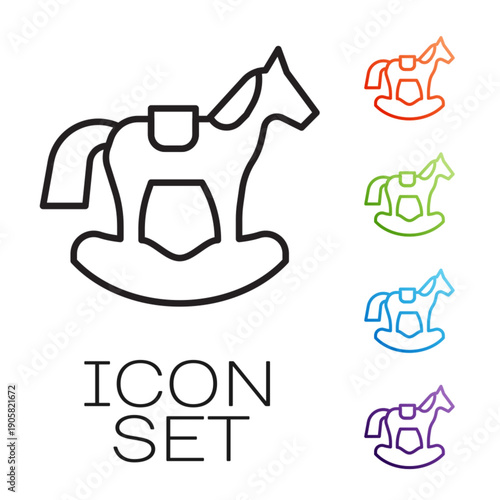 Black line Wooden horse in saddle swing for little children icon isolated on white background. Set icons colorful. Vector