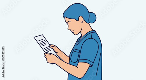 Dedicated female medical professional in uniform intently reviewing important patient information on a document, emphasizing healthcare administration and detailed care