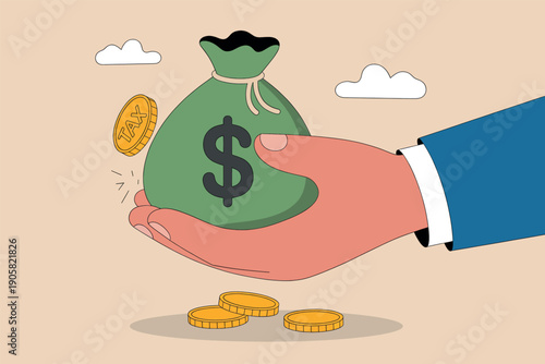 Hand reaching out to collect a bag of money and scattered gold coins.