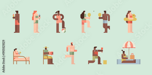Summer beach characters enjoying leisure activities in flat style