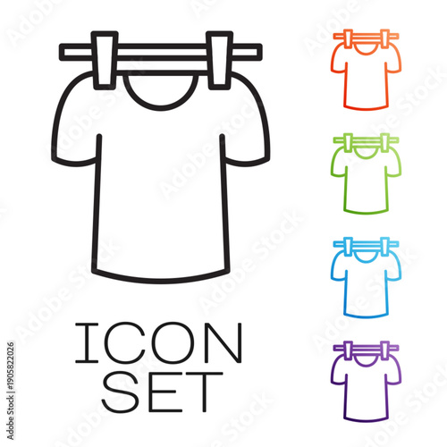 Black line Drying clothes icon isolated on white background. Clean shirt. Wash clothes on a rope with clothespins. Clothing care and tidiness. Set icons colorful. Vector